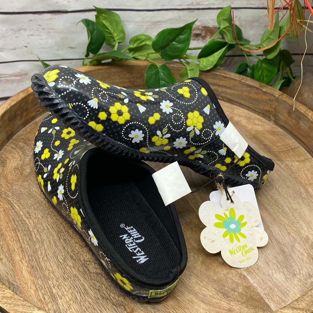 Western Chief Garden Clog Honey Bee Hive Black Yellow Flower NWT Slip On Shoes 9
